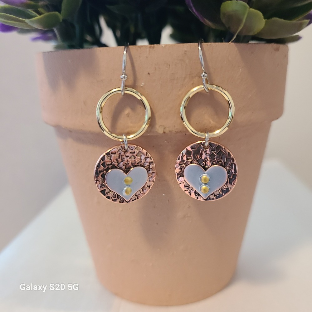 Handmade Copper & Silver Tone Heart Earrings Dangle Drop Women's Jewelry NWOT